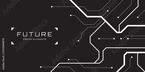Hi Tech abstract geometric background with place for text. White PCB elements isolated on black. Techno style banner design. Corner composition. Vector illustration.