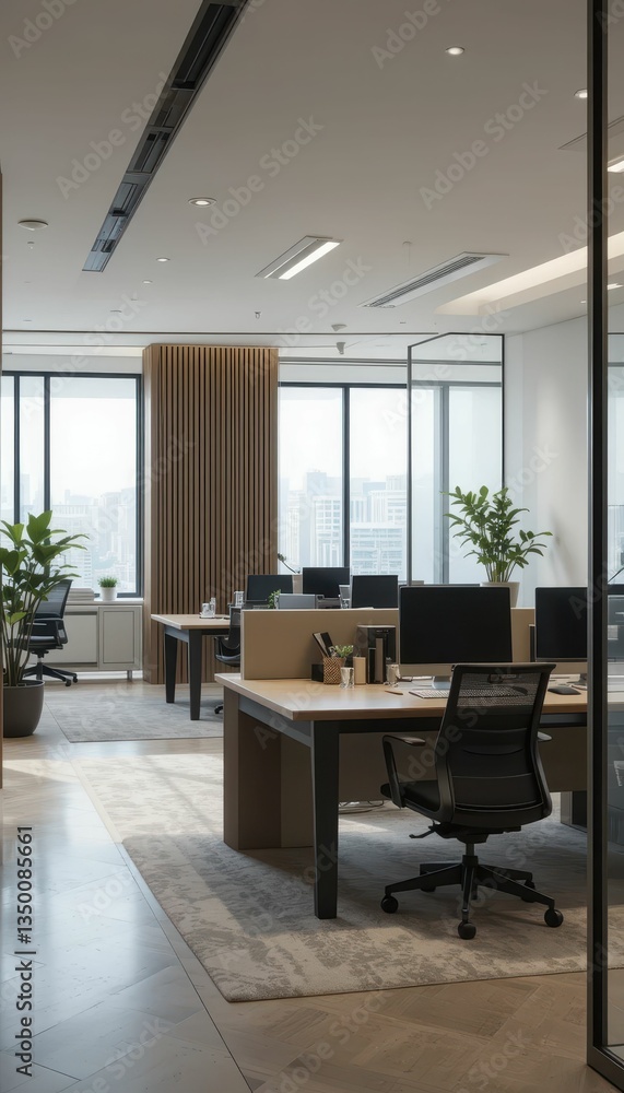 Fototapeta premium Modern Office Interior with Natural Light and Green Plants