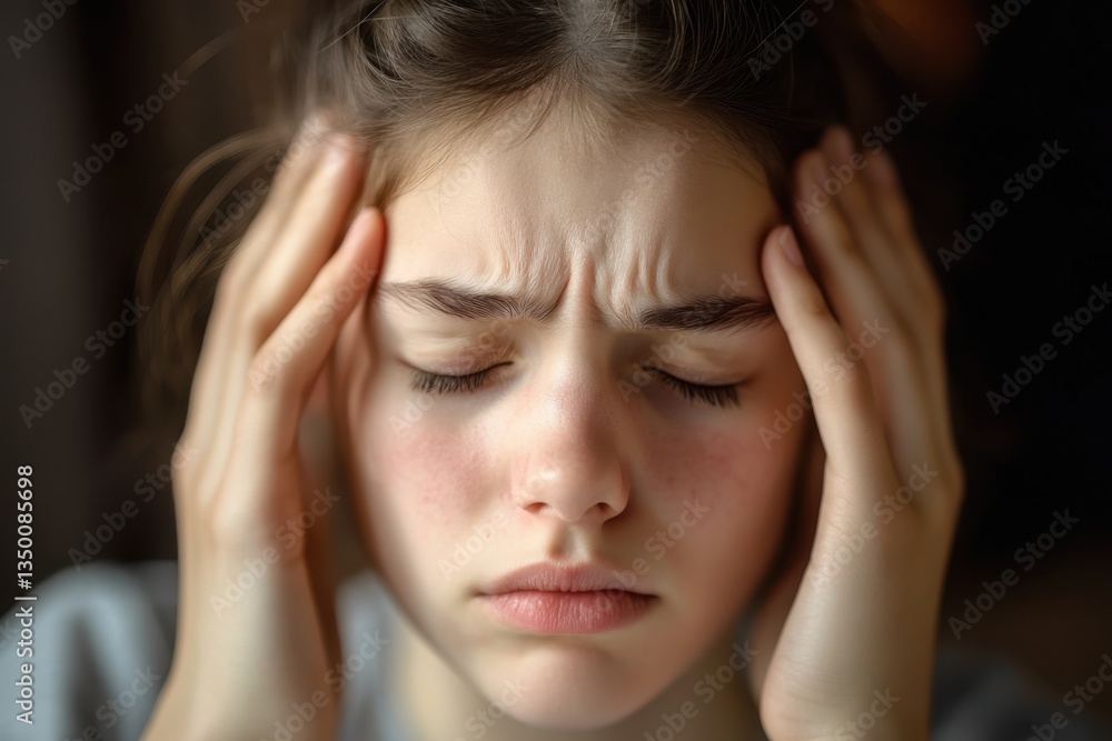 Person experiencing discomfort while holding their head in a calm indoor setting Person experiencing discomfort while holding their head in a calm indoor setting