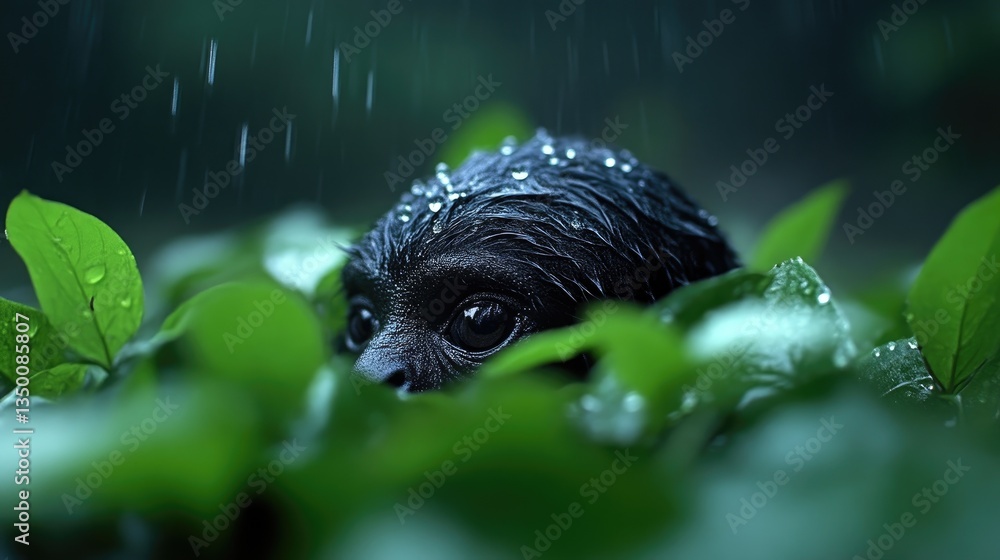 Fototapeta premium Wet monkey in rainforest foliage