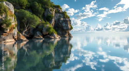 Peaceful lake surrounded by mountains and lush green forests in Thailand