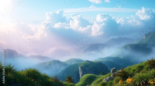 Morning mountain landscape with clouds and green valley