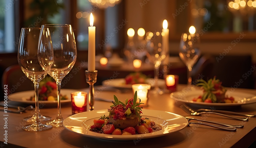 Fototapeta premium Luxurious Fine Dining Table, Candlelight, Gourmet Dishes, Romantic Ambiance