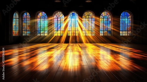 Radiant light streams through colorful stained glass windows in a dark church interior