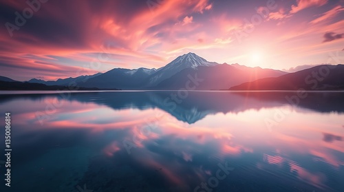 Beautiful sunrise over a tranquil mountain lake