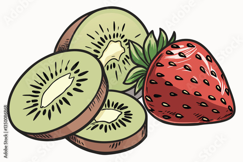 28 vibrant kiwi slices, juicy red strawberry, photorealistic fruit composition, white background, high-resolution detail, macro photography, fresh and appetizing, contrasting colors, healthy food imag