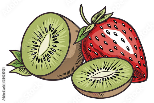 28 vibrant kiwi slices, juicy red strawberry, photorealistic fruit composition, white background, high-resolution detail, macro photography, fresh and appetizing, contrasting colors, healthy food imag