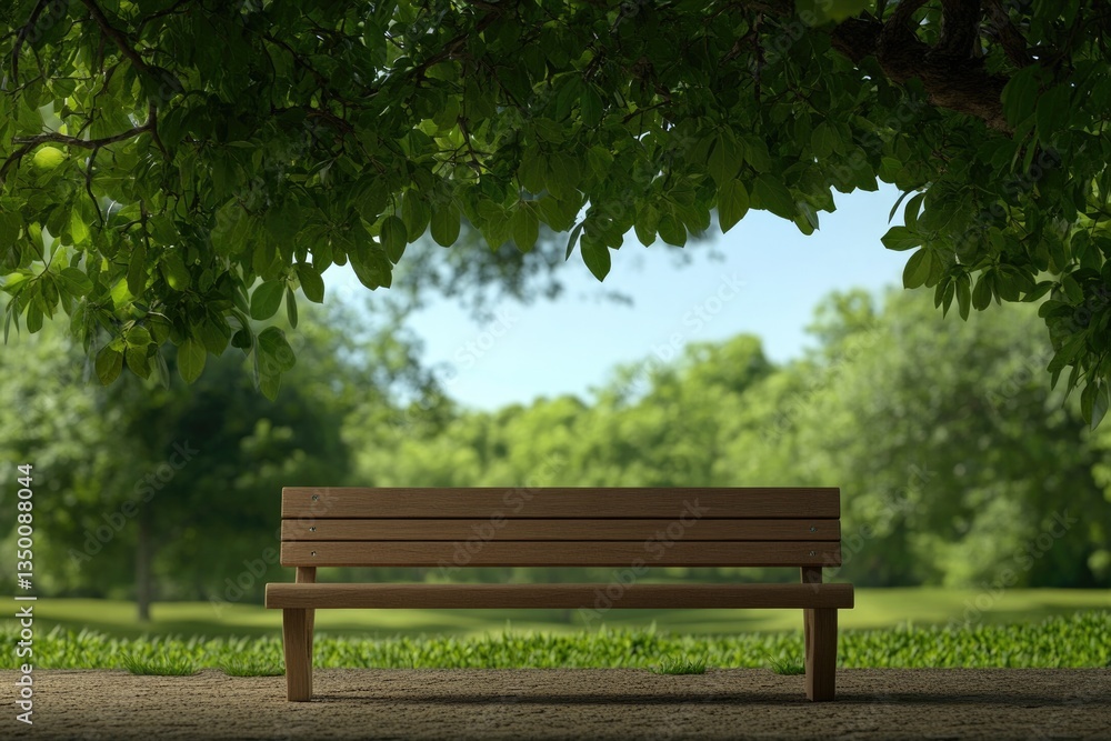 Wooden bench nestled under lush green trees in tranquil park set Wooden bench nestled under lush green trees in tranquil park set