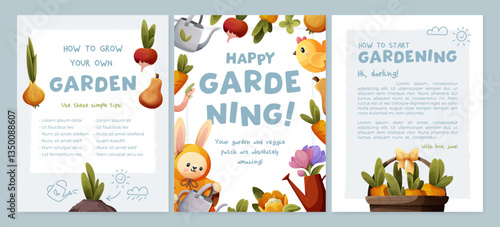Vector set of gardening posters with a light blue background. Features cute vegetables, a bunny with a watering can, and text about gardening tips and happy gardening messages