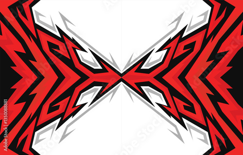 A bold abstract background featuring a jagged white and black zigzag pattern on a bold red background with some copy space area