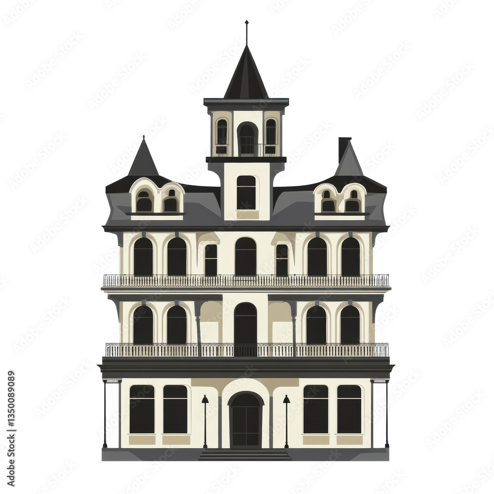 Victorian style mansion illustration with multiple balconies, towers, and ornate details, ideal for real estate, vintage home decor, or architectural projects. Victorian style mansion illustration with multiple balconies, towers, and ornate details, ideal for real estate, vintage home decor, or architectural projects.