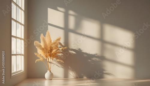 interior design scene with window, Minimalist Interior Bathed In Natural Sunlight And Shadows