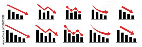 Graph decrease. Red arrow goes down sign. Crisis icon isolated.