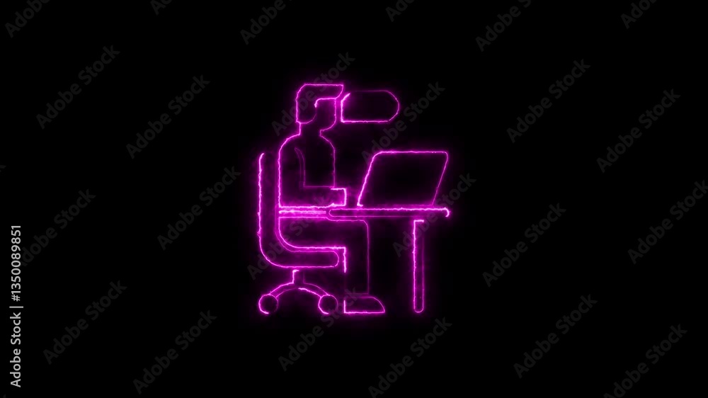 Neon light man working on laptop symbol, Pictogram man sits at a table and working at laptop motion on background. Neon light man working on laptop symbol, Pictogram man sits at a table and working at laptop motion on background.