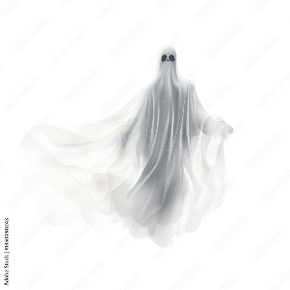 Ethereal ghost figure with flowing white translucent fabric, spooky apparition for Halloween design, illustrations for cards, decorations, and posters Ethereal ghost figure with flowing white translucent fabric, spooky apparition for Halloween design, illustrations for cards, decorations, and posters