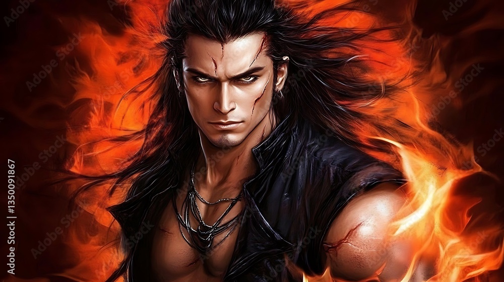 Fiery, intense portrait of a handsome man with long black hair. Fiery, intense portrait of a handsome man with long black hair.