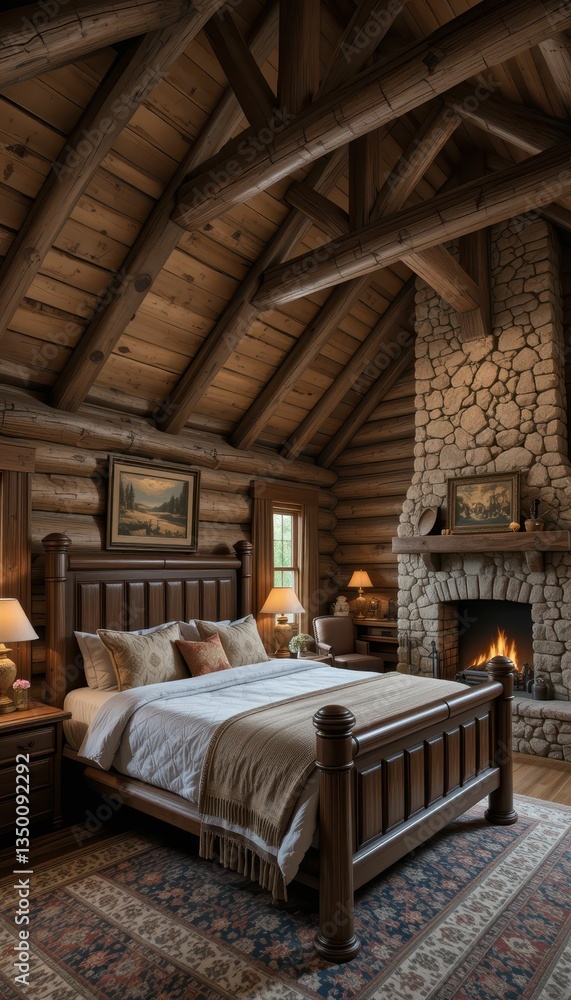Fototapeta premium Cozy Rustic Bedroom with Stone Fireplace and Wooden Beams