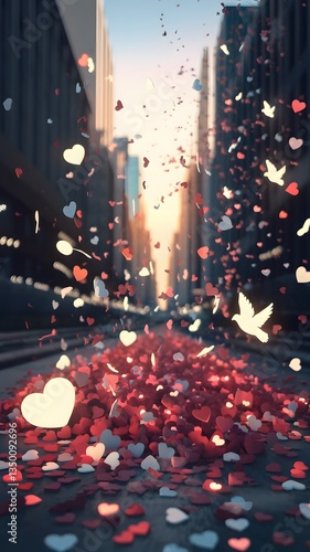 A large collection of colorful hearts is falling gently from the sky vertical