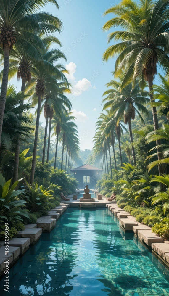 Fototapeta premium Tranquil Paradise with Lush Palm Trees and Serene Water Feature