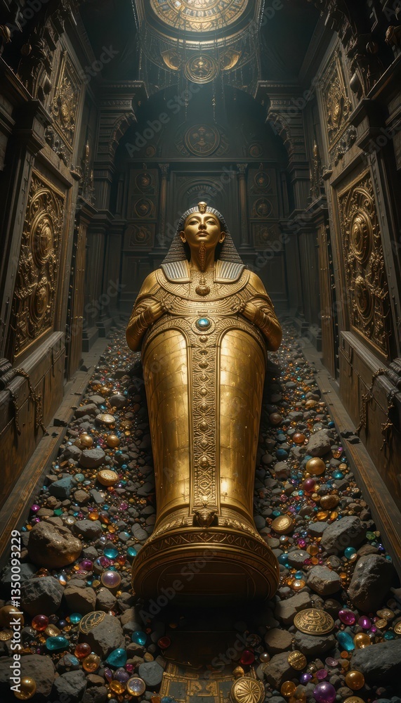 Fototapeta premium Golden Sarcophagus Surrounded by Treasures in Ancient Tomb