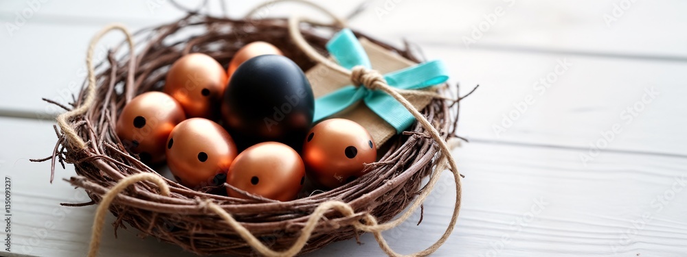 A nest filled with brown and black eggs on a white wooden surface. A nest filled with brown and black eggs on a white wooden surface.