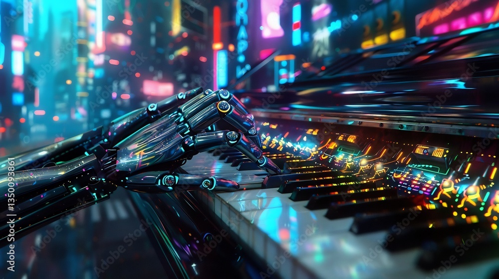 Robotic pianist with metallic hands playing a transparent piano that emits colorful sound waves The dark futuristic cityscape behind is filled with neon billboards and flying cars Robotic pianist with metallic hands playing a transparent piano that emits colorful sound waves The dark futuristic cityscape behind is filled with neon billboards and flying cars