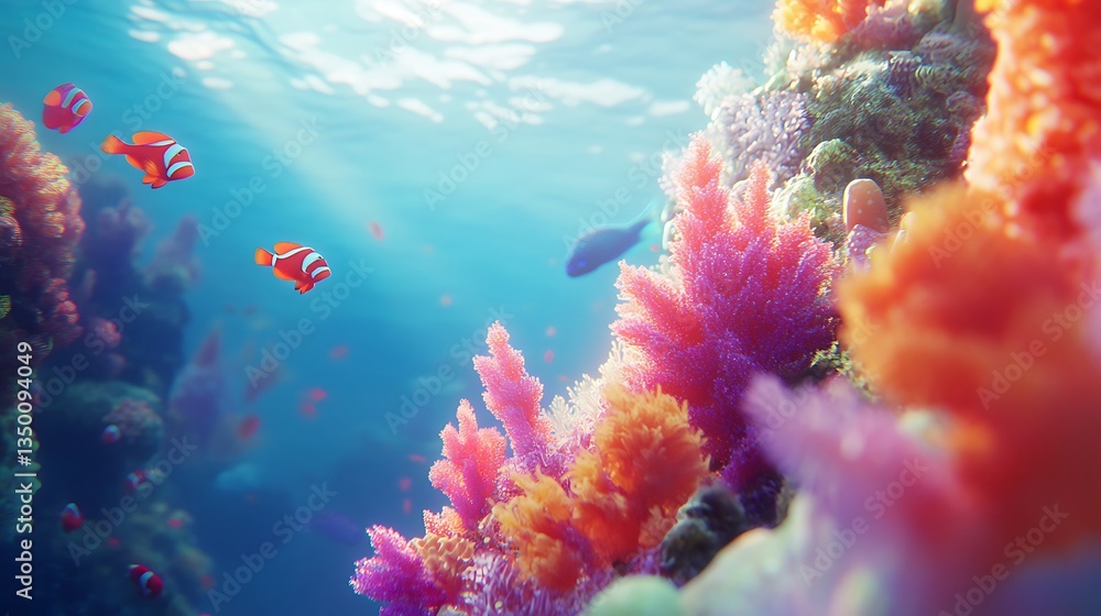 Naklejka premium Vibrant coral reef scene with colorful fish in a serene underwater environment.
