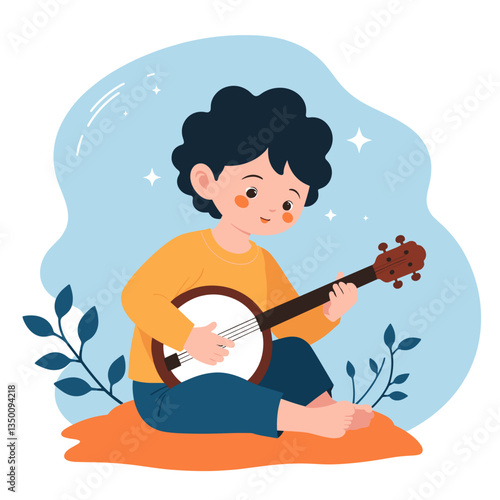 Child playing banjo with joy, a lively indoor musical moment