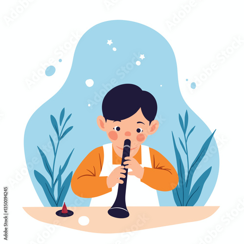 Music education. A child joyfully playing the clarinet at home, creativity