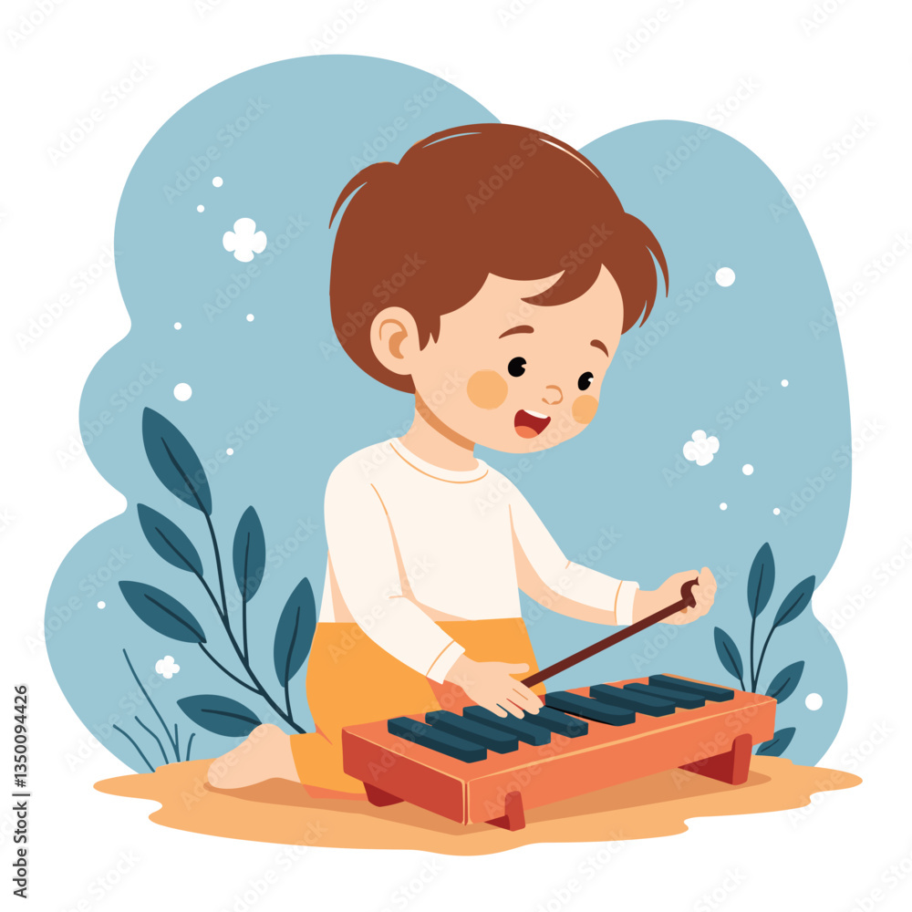 Naklejka premium Child playing glockenspiel joyfully in a playful atmosphere, creativity