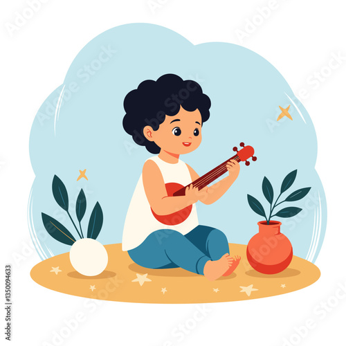 Child playing a saz joyfully at home, a moment of creativity