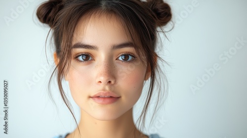 Wallpaper Mural Young woman with playful hairstyle, natural makeup, and soft expression against a light background Torontodigital.ca