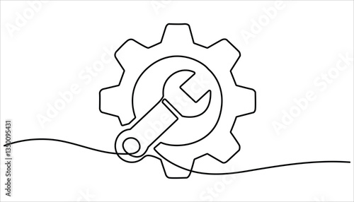 Gear and wrench continuous one line drawing. Vector icon for recovery service. Work concept linear. One line of mechanical wrench. Worker tool concept continuous line art..