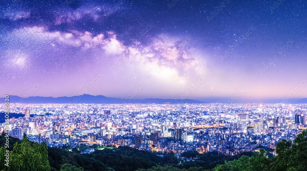 Obraz premium Cityscape at night under a vibrant Milky Way. Vast expanse of illuminated cityscape, nestled amongst hills, bathed in starlight and a spectacular night sky