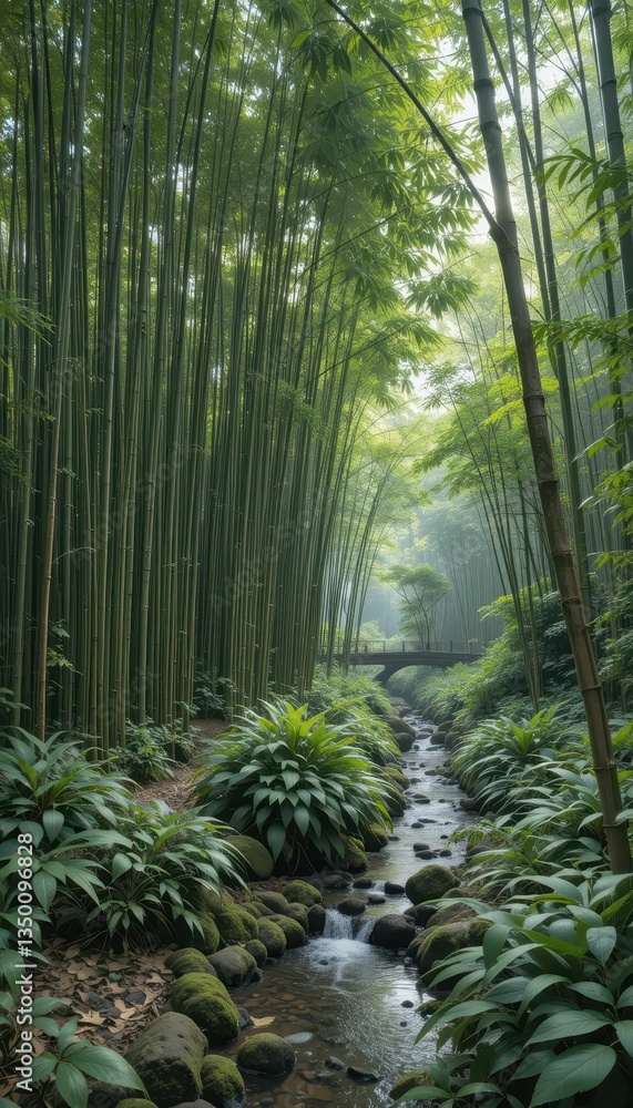 Fototapeta premium Tranquil Bamboo Forest with Stream and Footbridge in Soft Light