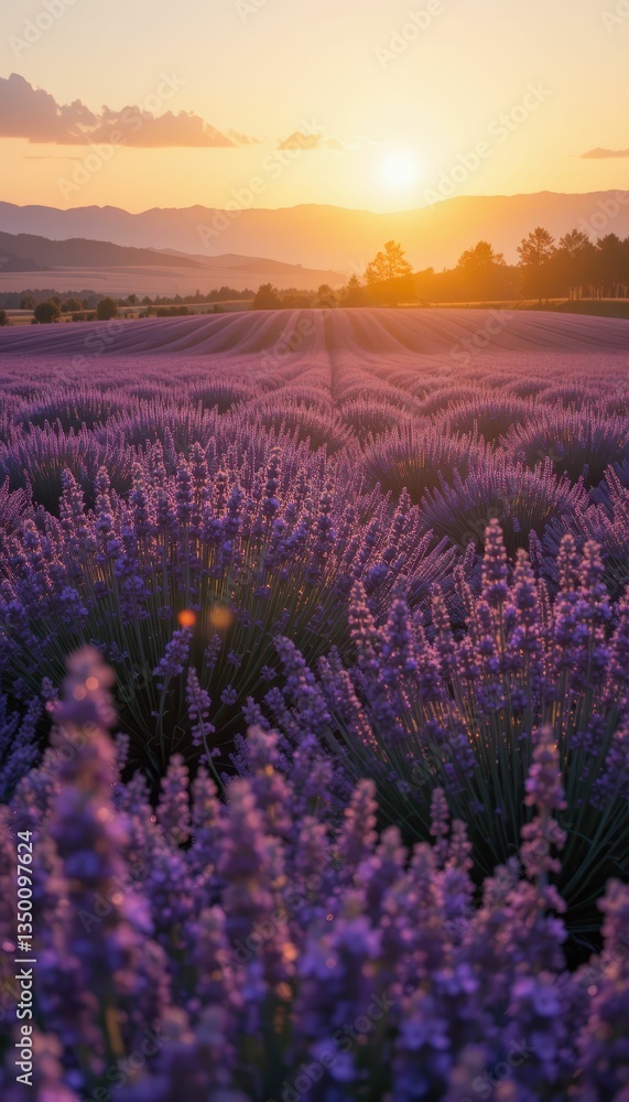 Naklejka premium Lavender Field at Sunset with Vibrant Colors and Scenic View
