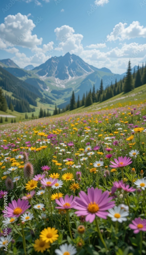 Fototapeta premium Vibrant Wildflower Meadow in Mountain Landscape Under Bright Sky