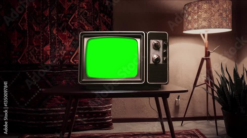 An old green-screen TV or television set flickers and distorts as it displays a glitch effect, creating a retro, camera zooms in, the screen is first static noise then green screen.