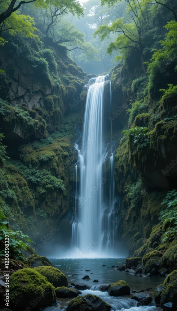 Fototapeta premium Serene Waterfall Cascading Through Lush Green Forest Landscape