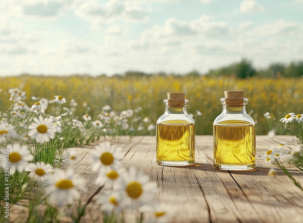 Chamomile Essential Oil Bottles on Wood with Blooming Meadow Background Chamomile Essential Oil Bottles on Wood with Blooming Meadow Background