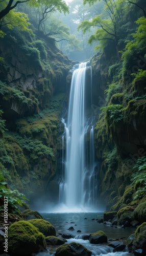 Serene Waterfall Cascading Through Lush Green Forest Landscape