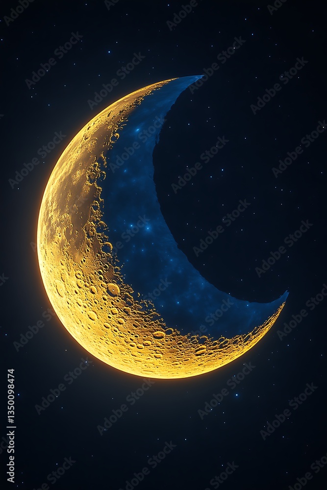 Fototapeta premium Glowing crescent moon in dark night sky.