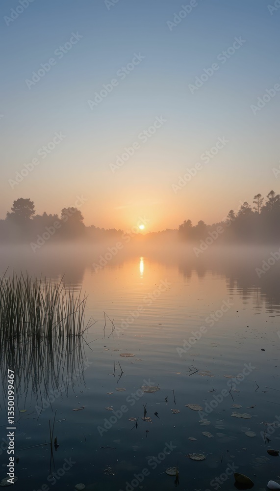 Fototapeta premium Serene Sunrise Over Tranquil Lake Surrounded by Misty Landscape