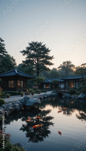 Wallpaper Mural Serene Japanese Garden at Dusk with Koi Fish and Tranquil Reflection Torontodigital.ca