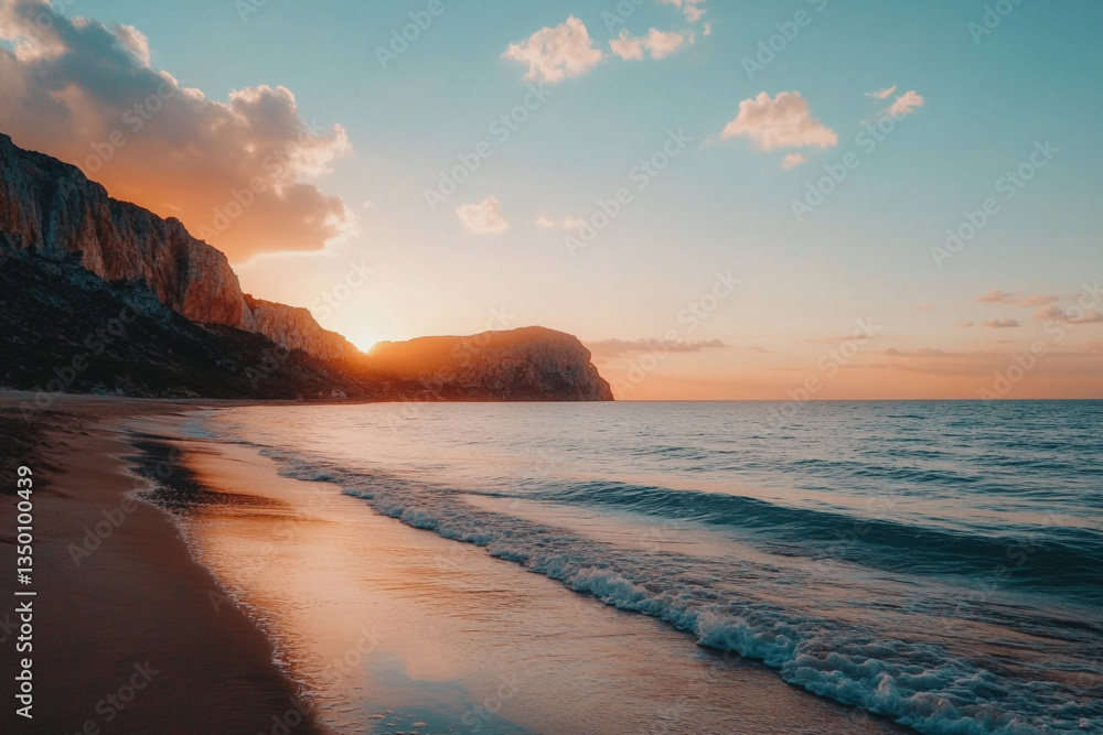 Obraz premium Surfers are walking along the beach at sunset with mountains in the background