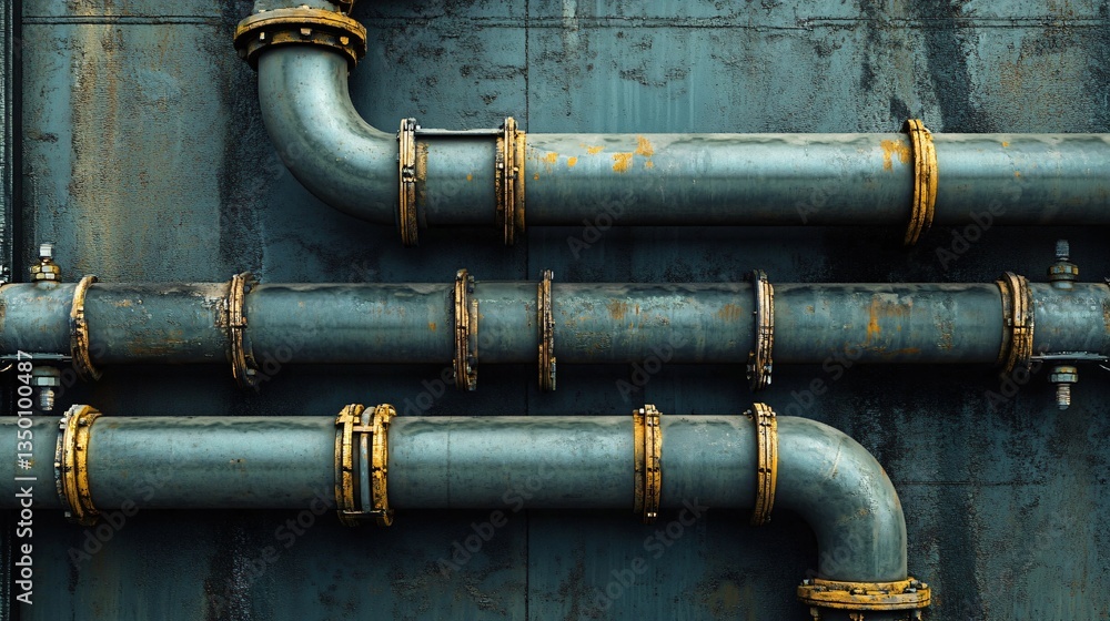 A network of metal drainpipes running along a factory wall, interconnected in a complex pattern A network of metal drainpipes running along a factory wall, interconnected in a complex pattern
