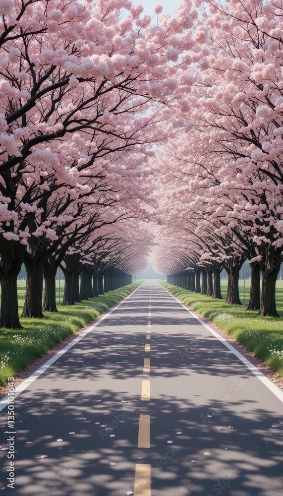 Beautiful Cherry Blossom Trees Lining Road under Clear Sky Beautiful Cherry Blossom Trees Lining Road under Clear Sky