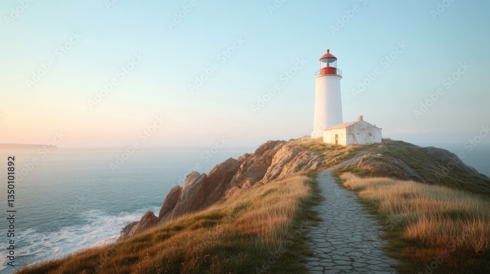 Majestic lighthouse stands on rugged cliff, surrounded by golden Majestic lighthouse stands on rugged cliff, surrounded by golden