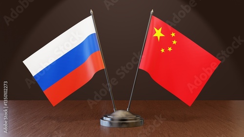 Photography Russia and China national flags on a table