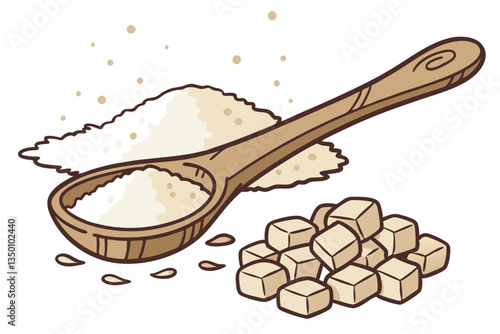 35 wooden spoon, raw sugar crystals, golden brown granules, heap of sugar, natural sweetener, organic ingredient, rustic kitchen utensil, close-up photography, white background, food styling, culinary